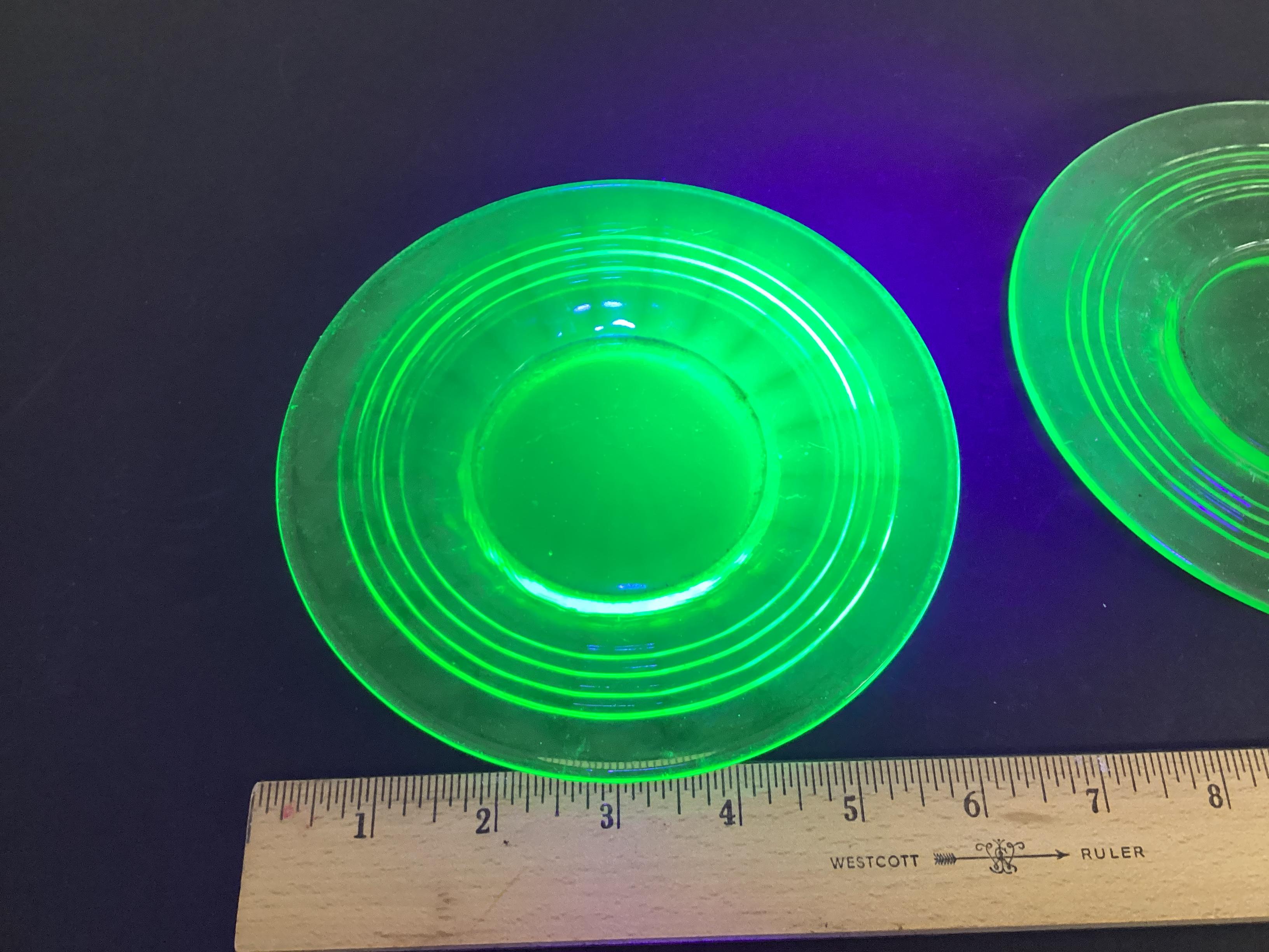 Two Uranium Green Depression Glass Block Optic Salad Plates