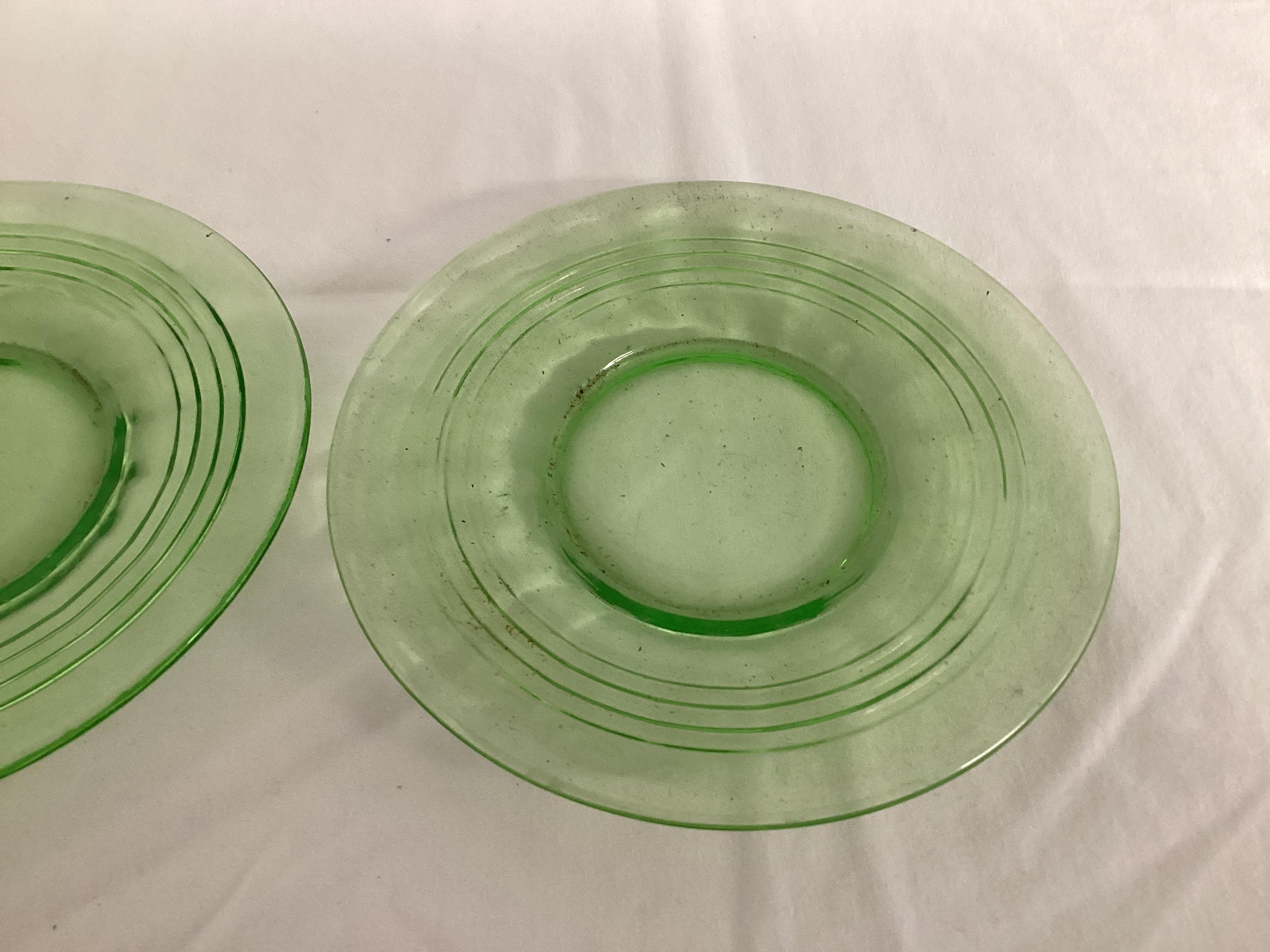 Two Uranium Green Depression Glass Block Optic Salad Plates