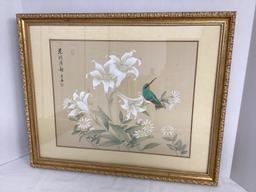 Framed Japanese Silk Screen Bird and Flowers Signed and Stamped
