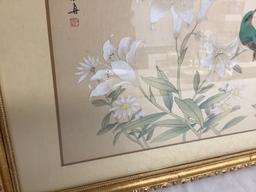 Framed Japanese Silk Screen Bird and Flowers Signed and Stamped