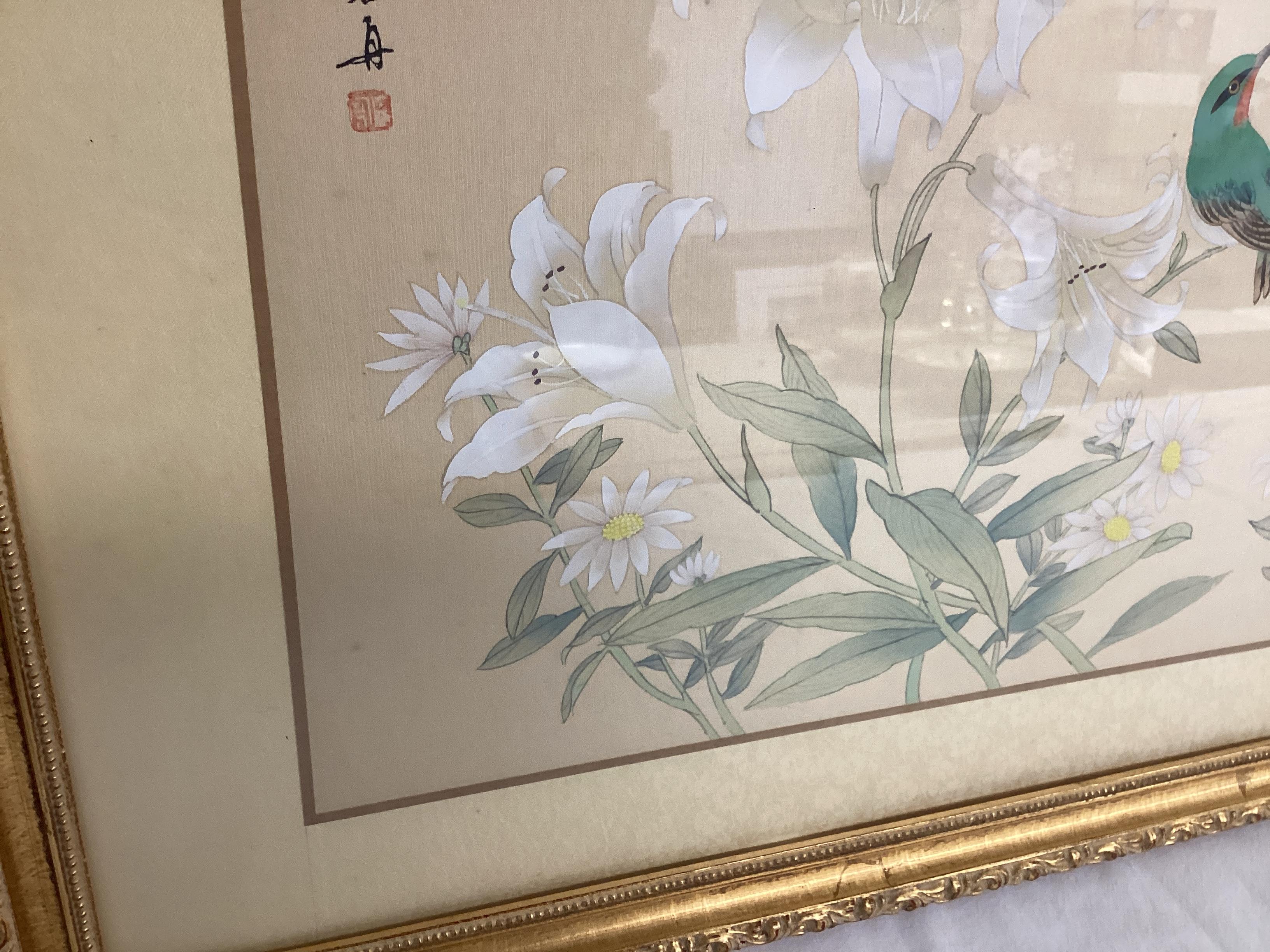 Framed Japanese Silk Screen Bird and Flowers Signed and Stamped