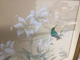 Framed Japanese Silk Screen Bird and Flowers Signed and Stamped