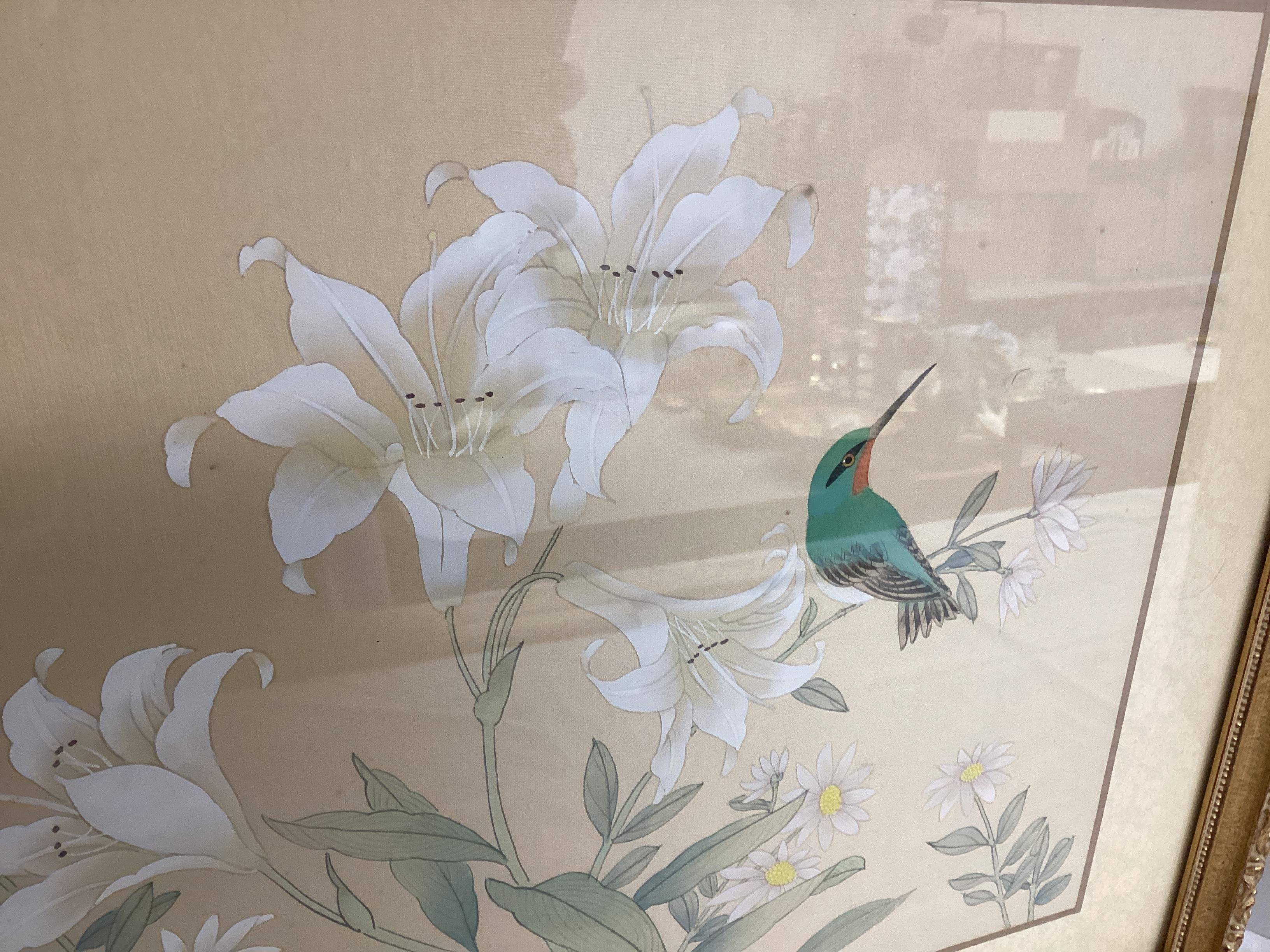 Framed Japanese Silk Screen Bird and Flowers Signed and Stamped