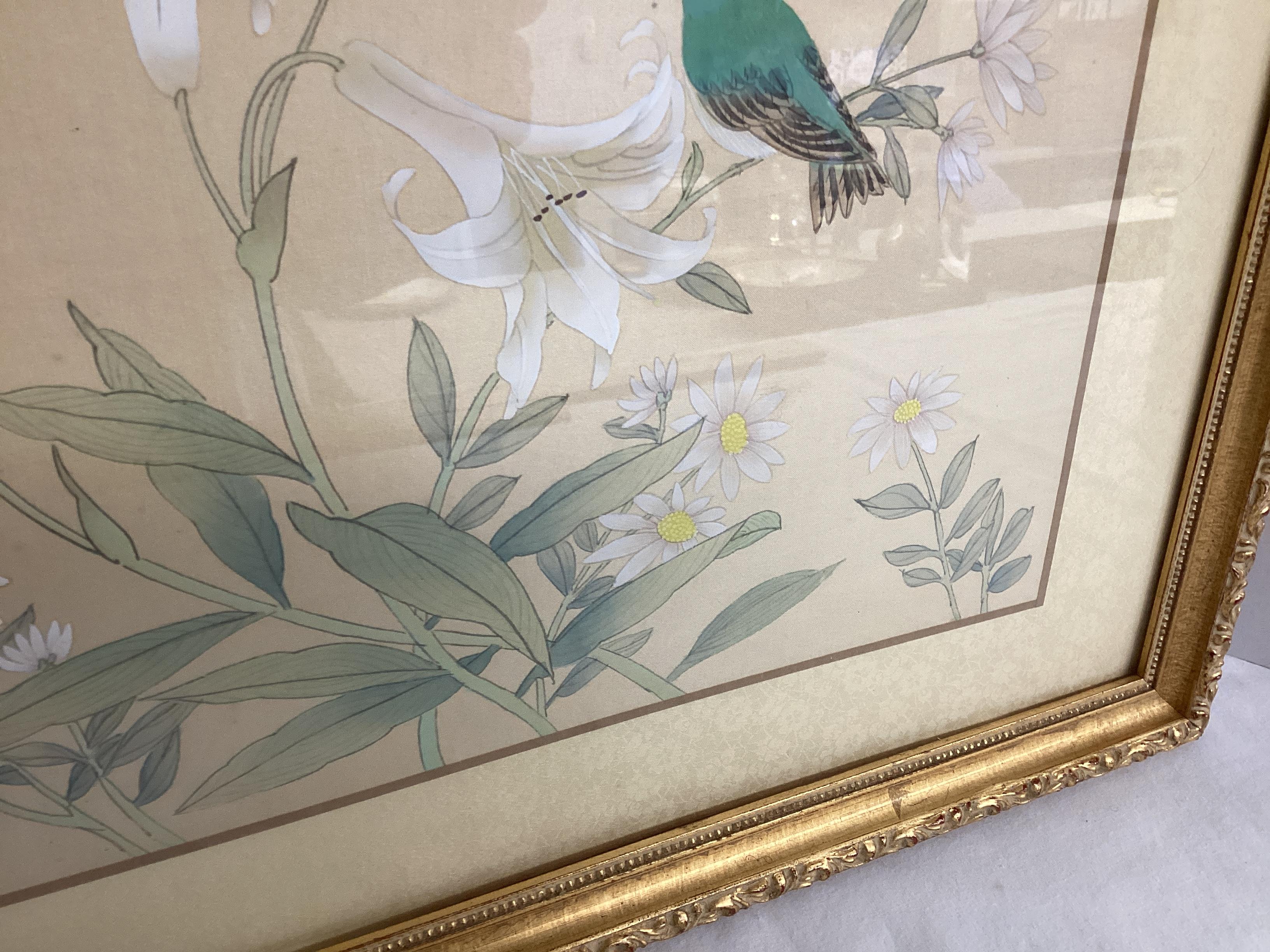 Framed Japanese Silk Screen Bird and Flowers Signed and Stamped