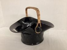 Fenton Black Glass Big Cookies Basket with Woven Handle