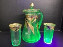 Vintage Green Uranium Glass Pitcher with Lid and Two Flat Bottom Glasses