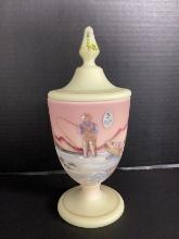 Fenton Fly Fisherman Hand Painted Uranium Custard Glass Pedestal Candy Dish with Lid