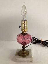 Vintage Lamp with Fenton Cranberry Opalescent Swirl Center and Marble Base