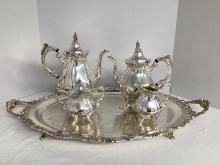 Wallace Baroque Silver Plate Five Piece Coffee and Tea Service