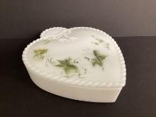 Heart Shaped Milk Glass Divided Dresser Box with Hand Painted Lid