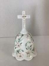 Fenton Hand Painted White Bell with Cross Handle