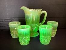 Mosser Vaseline Glass Eye Winker Pitcher with Four Glasses