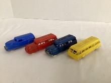 Four Renwal Plastic Vehicles - School Bus, City Bus Co., Groceries Delivery