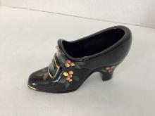 Fenton Hand Painted Black Glass Shoe