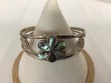 Mexican Silver Cuff Bracelet with Mother-of-Pearl Flower