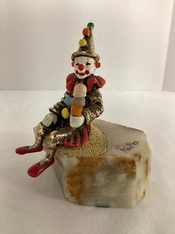 Ron Lee  Sitting Clown with Ice Cream Metal Clown Sculpture on Stone Base
