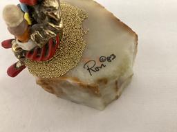 Ron Lee  Sitting Clown with Ice Cream Metal Clown Sculpture on Stone Base