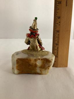 Ron Lee  Sitting Clown with Ice Cream Metal Clown Sculpture on Stone Base