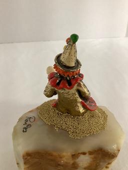 Ron Lee  Sitting Clown with Ice Cream Metal Clown Sculpture on Stone Base