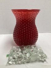 Red Dimpled Glass Vase and Decorative Glass Beads