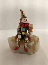 Ron Lee  Sitting Clown with Ice Cream Metal Clown Sculpture on Stone Base
