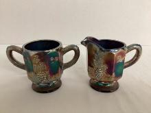 Indiana Glass Cobalt Blue Harvest Grape Carnival Glass Creamer and Sugar