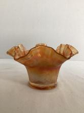 Marigold Flowering Dill Ruffled Edge Carnival Glass Vase with Flower Frog