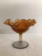 Marigold Holly Golden Sunset Carnival Glass Pedestal Dish