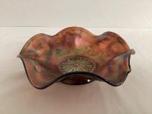 Poppy Variant Carnival Glass Wavy Edge Bowl