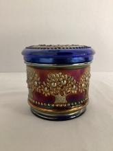Cobalt Electric Blue Orange Tree Carnival Glass Powder Jar