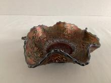Cobalt Blue Cherry Chain Carnival Glass Ruffled Edge Bowl