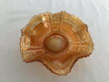Marigold Orange Tree Sailboats Carnival Glass Ruffled Edge Bowl