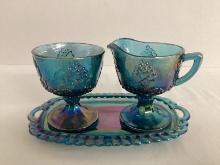 Indiana Glass Blue Harvest Carnival Glass Creamer, Sugar, and Tray