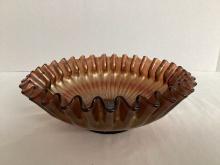 Amethyst Stippled Ray Carnival Glass Ruffled Edge Bowl