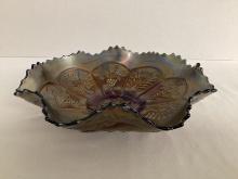 Cobalt Blue Peacock and Grape Carnival Glass Ruffled Edge Bowl