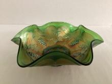 Green Grapes and Leaves Carnival Glass Ruffled Edge Bowl