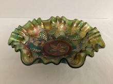 Grapes and Leaves Carnival Glass Ruffled Edge Bowl