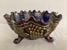 Cobalt Blue Persian Medallion Grape Cable Carnival Glass Ruffled Edge Footed Bowl