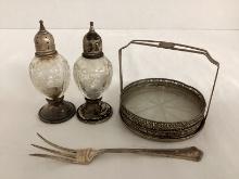 Sterling Silver Coaster Set, Fork, and Shakers