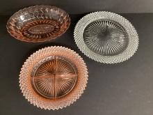 Clear Miss America Plate, Pink Depression Glass Divided Plate, and Oval Bowl
