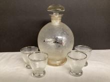 Frosted Glass Decanter and Four Shot Glasses