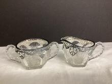 Vintage Crystal Creamer and Sugar with Silver Overlay