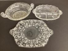 Etched Tray, Bowl, and Divided Dish