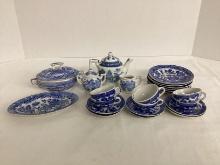 Blue and White Small Plates, Teapots, Cups, and Oval Dish