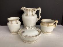 Antique Porcelain Pitcher, Creamer, Sugar, and Butter Dish
