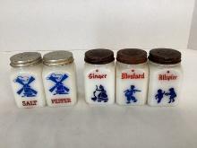 Five Milk Glass Shakers with Metal Lids