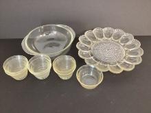 Egg Plate, Pyrex Mixing Bowl, and Pyrex Sauce Bowls