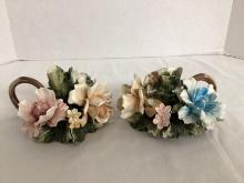 Pair of Capodimonte Floral Candle Holders with Finger Hold
