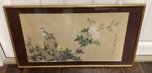 Asian Bird and Flowers Stamped and Signed Fabric Art