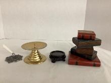 Decorative Book Stack, Brass Candle Holder, Pen Holder, Small Pedestal